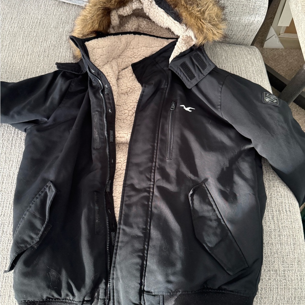 Hollister Black Bomber Jacket with Faux Fur Hood